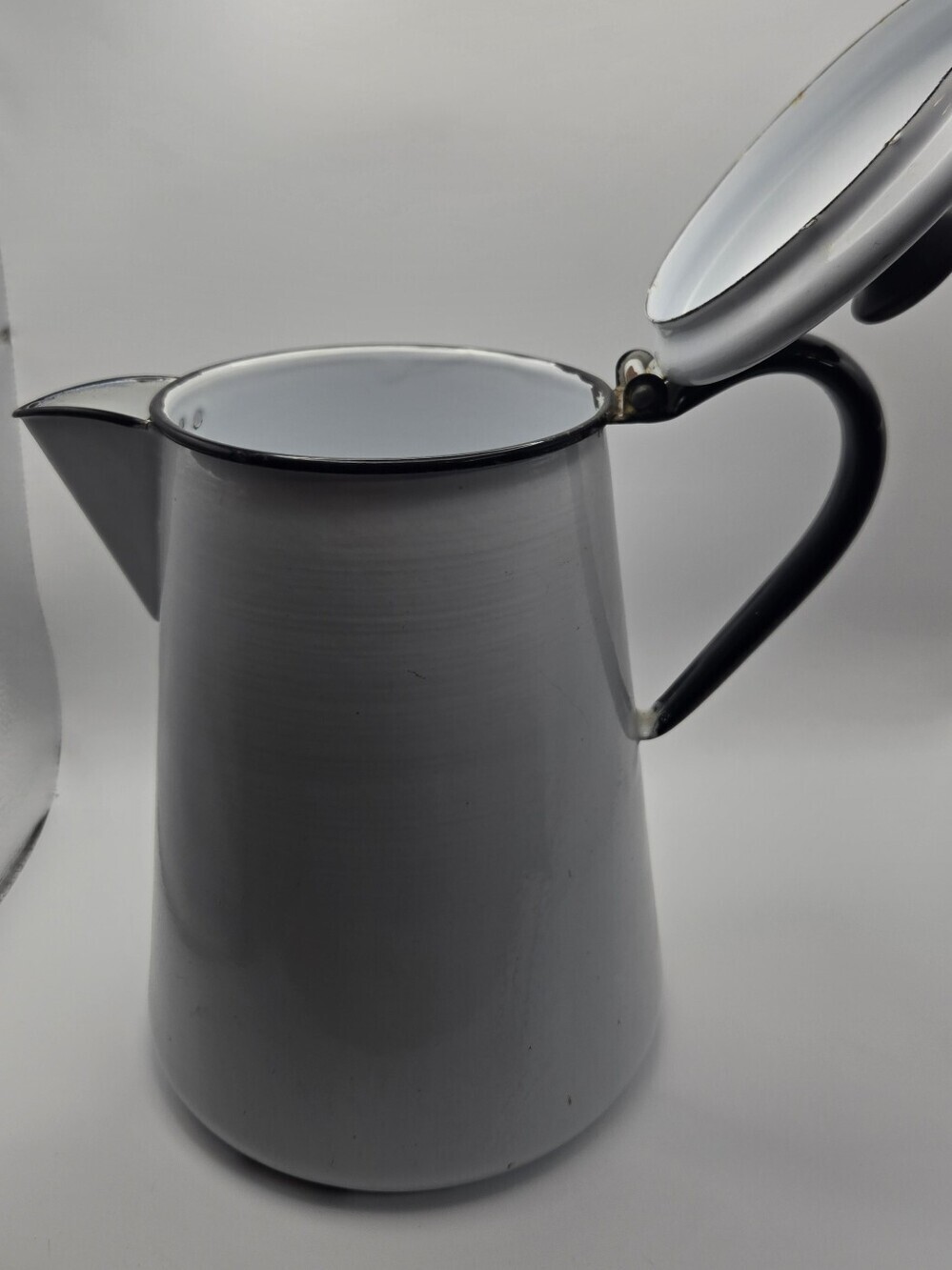 Vintage Enamel Coated Metal Cowboy Coffee Pot In Black And White - Picture 2 of 8